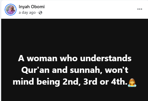 A woman who understands Qur'an and sunnah won't mind being 2nd, 3rd or 4th - Nigerian lady says 3