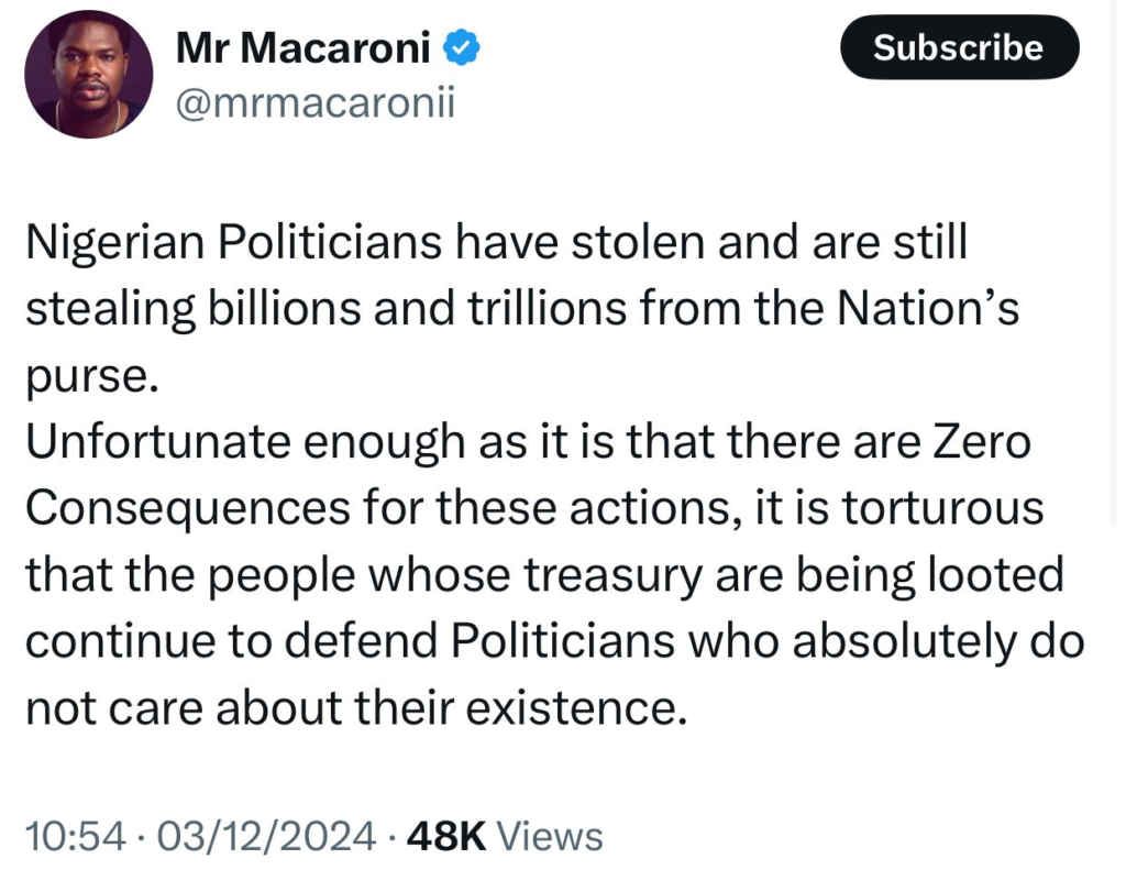 No integrity!!! No sense of purpose!! No accountability!!! Zero shame!!! Just hardened criminals in office - Mr Macaroni slams Politicians 6