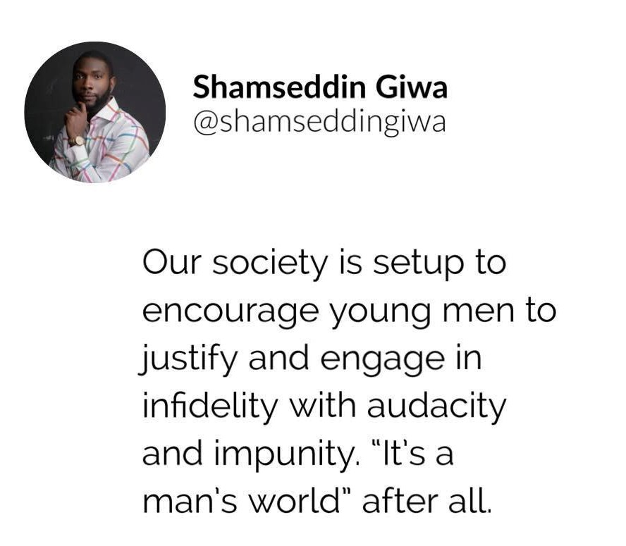 Our society is set up to encourage young men to justify and engage in infidelity with audacity and impunity - Nigerian marriage therapist says 6