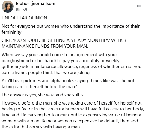 Women should be getting steady monthly or weekly maintenance funds from their men. It's their right - Nigerian lady tells women 3