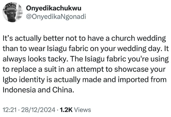 It always looks tacky - Nigerian man knocks groom who rock Isiagu to their church weddings 3