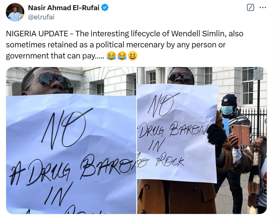 El-Rufai mocks Reno Omokri with throwback protest photos against Tinubu where he held up a placard which read "No to a drug baron in Aso Rock" 4