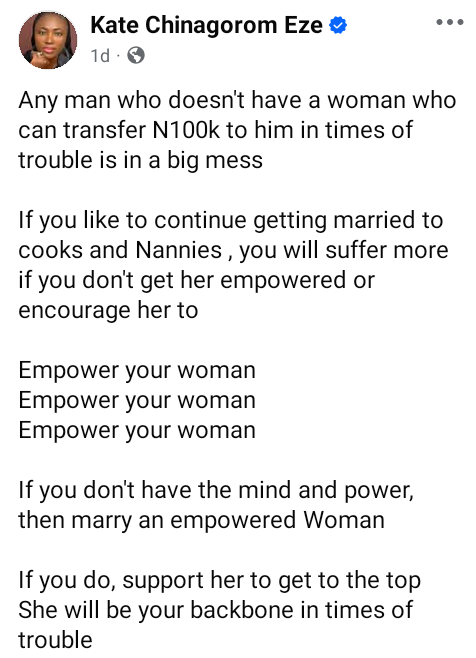 Any man that doesn't have a woman who can transfer N100k to him in times of trouble is in a big mess - Nigerian lady says 4