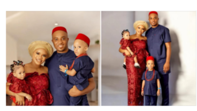 Photo of Nigerian woman shows off her husband and children as she takes a dig at women who ‘dress nak3d and flaunt cars after leaving their marriages’