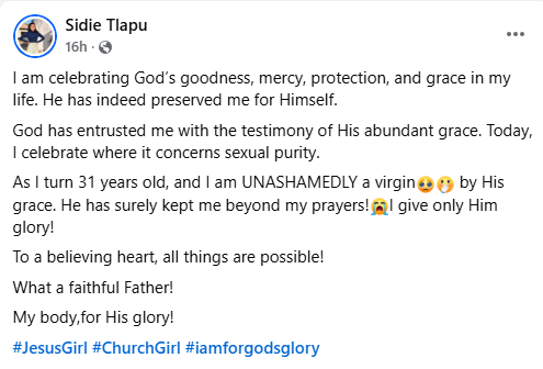 As I turn 31, I am unashamedly a virgin by His grace - South African woman says 4