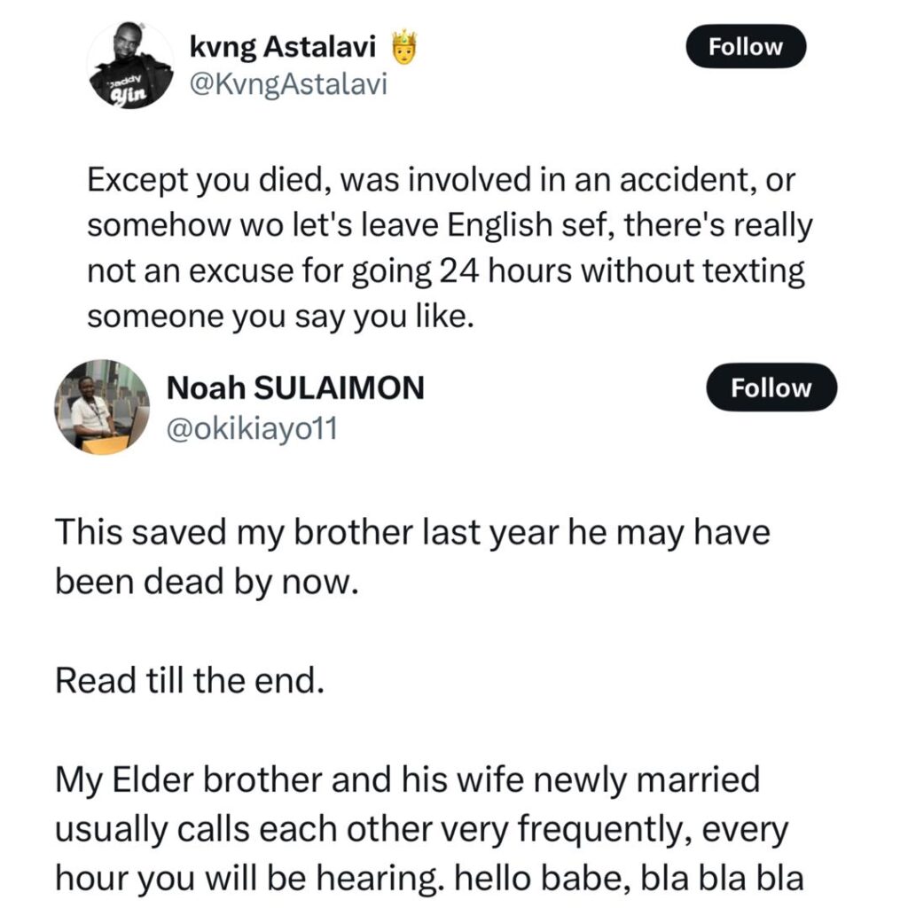 If your partner doesn’t constantly check on you, dump them- X user says as he shares story of how his brother was saved by his wife who he calls every hour 4