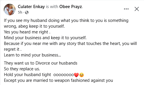 If you see my husband doing what you think is wrong, keep it to yourself or else you will regret it - Nigerian woman warns acquaintances 3