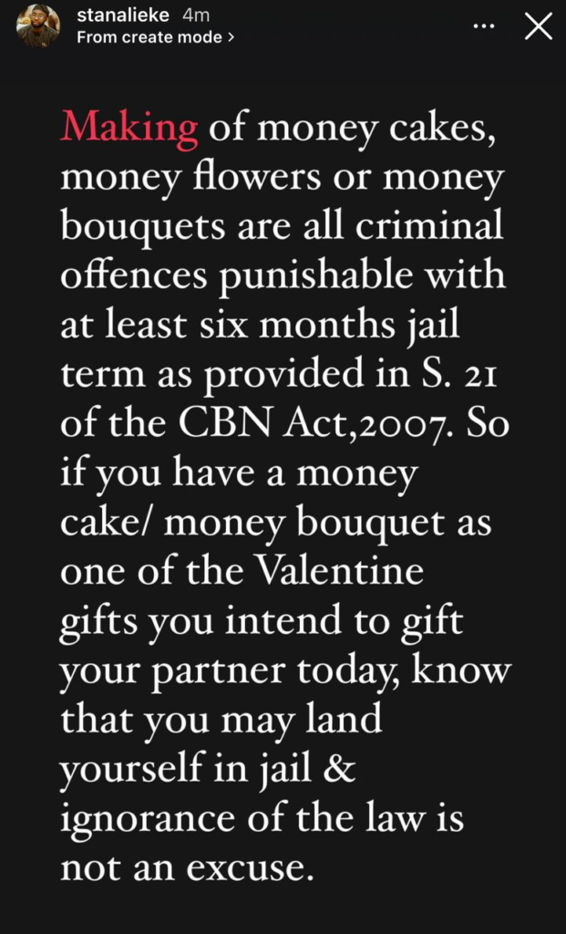 Valentine’s Day: Making of money cakes, money bouquets are all criminal offences - Lawyer Stan Alieke tell say Nigerians 4