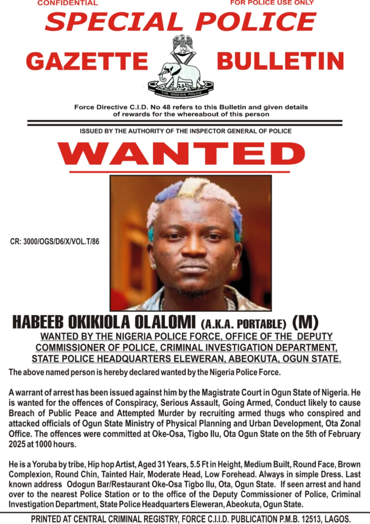 Police declares singer Portable wanted for allegedly assaulting Ogun govt officials 4