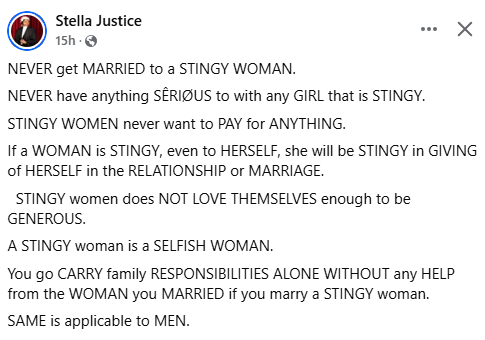 Photo of Never get married to a stingy woman, they do not love themselves enough to be generous – Nigerian lawyer advises men