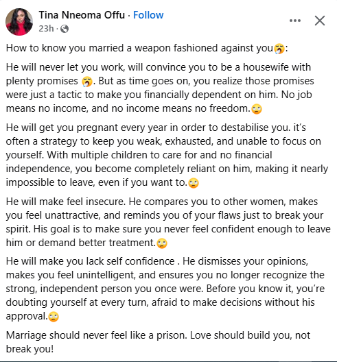 He will get you pregnant every year in order to destabilise you, a strategy to make you weak- Nigerian lady shares how a woman can tell if she "married a weapon fashioned against her" 4