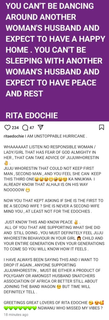 No responsible lady can take advice from “Juju Wh0restin" - Rita Edochie slams an unnamed woman who could not keep her first marriage and is now a second wife to a married man 4