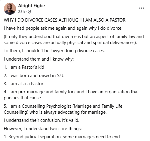 Divorce should only be applied as necessary evil, some marriages need to end - Nigerian lawyer explains why he handles divorce cases even though he is a pastor 3 Divorce should only be applied as necessary evil, some marriages need to end - Nigerian lawyer explains why he handles divorce cases even though he is a pastor 3