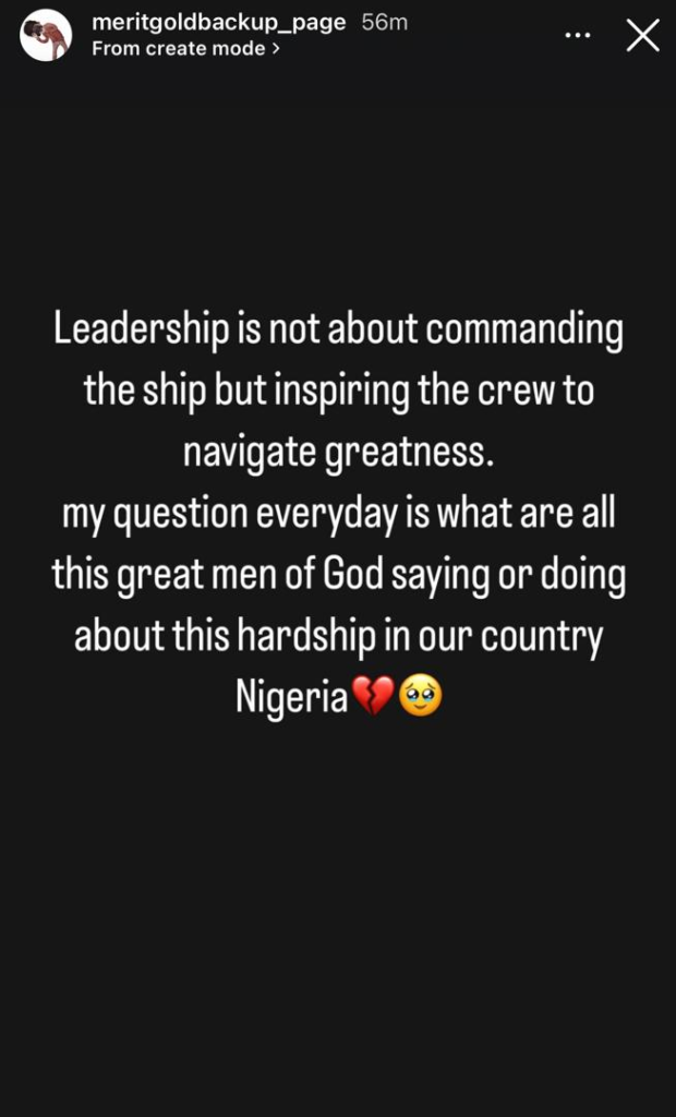 “What are men of God saying or doing about this hardship in our country Nigeria?”- Actress Merit Gold asks 4