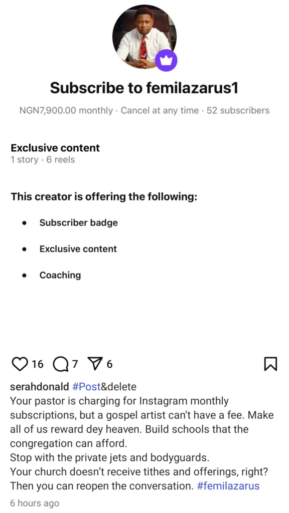 ''Your Pastor is charging for instagram monthly but gospel artists can't have a fee'' - Filmmaker, Serah Donald Onyeachor criticises Pastor Femi Lazarus 4 ''Your Pastor is charging for instagram monthly but gospel artists can't have a fee'' - Filmmaker, Serah Donald Onyeachor criticises Pastor Femi Lazarus 4