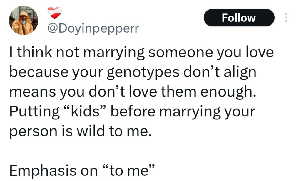 ''Not marrying someone you love because your genotypes don't align means you don't love them enough'', Man says 4 ''Not marrying someone you love because your genotypes don't align means you don't love them enough'', Man says 4