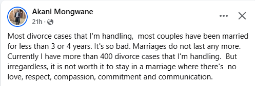 Marriages don't last anymore. The cases I'm handling involve couples who have been married for less than 3 or 4 years - Lawyer decries high rate of divorce 3