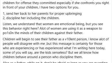 Photo of If your wife finds it offensive when you discipline your children, send her back to her parents or discipline her – Nigerian woman advises men