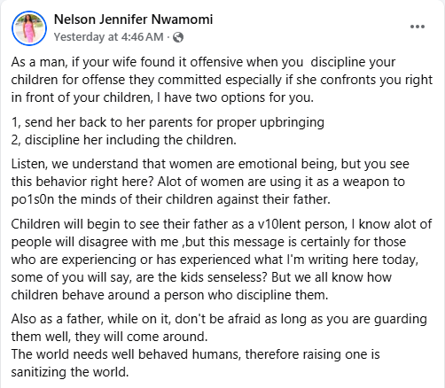 If your wife finds it offensive when you discipline your children, send her back to her parents or discipline her - Nigerian woman advises men 3