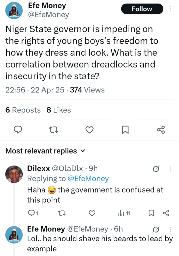 ''He should shave his beards to lead by example'' - Reactions as Niger state governor orders that persons with dreadlocks be arrested, fined, and given a haircut 10 ''He should shave his beards to lead by example'' - Reactions as Niger state governor orders that persons with dreadlocks be arrested, fined, and given a haircut 10