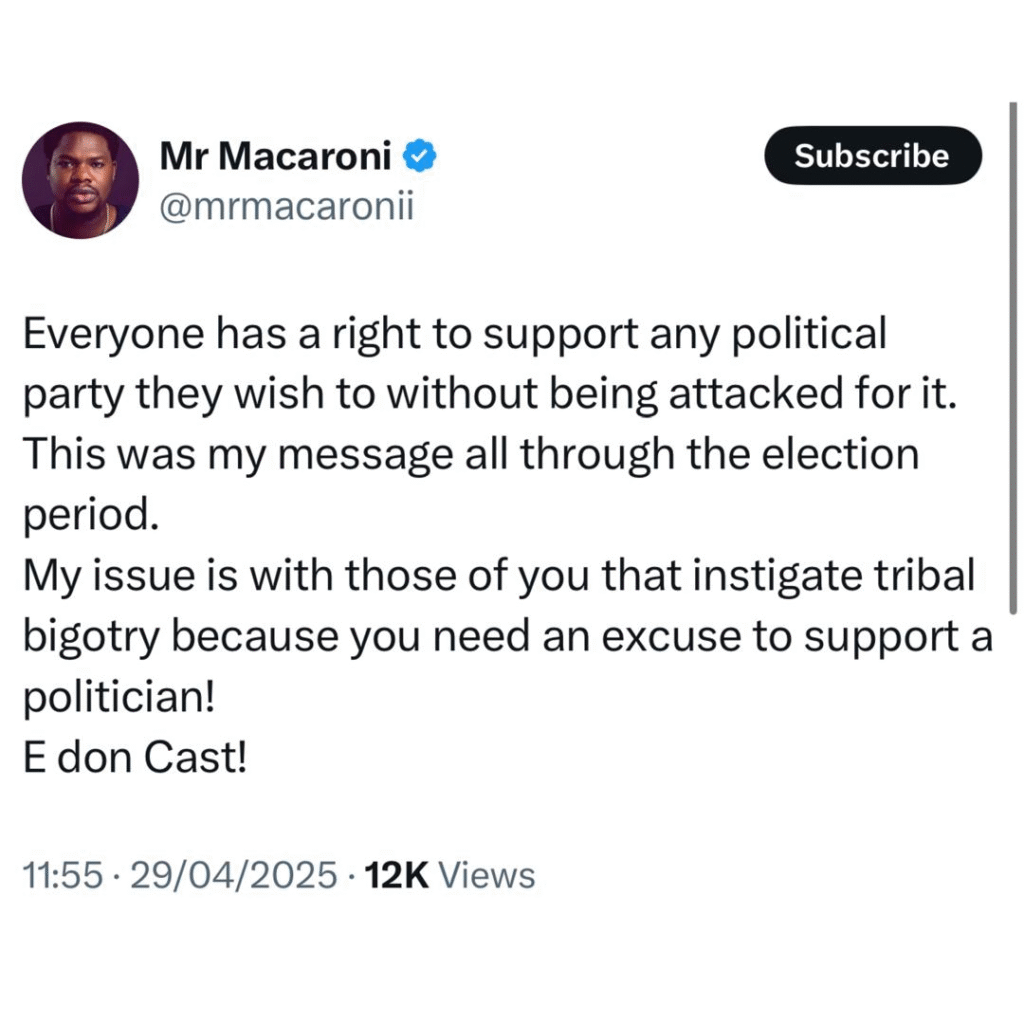 Boys wey shout and cry during EndSars have started kissing the asses of the same politicians they criticized - Mr Macaroni 7 Boys wey shout and cry during EndSars have started kissing the asses of the same politicians they criticized - Mr Macaroni 7