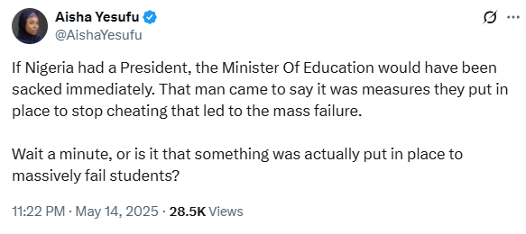 UTME 2025: "If Nigeria had a president, the Minister of Education would have been sacked immediately" - Aisha Yesufu 4 UTME 2025: "If Nigeria had a president, the Minister of Education would have been sacked immediately" - Aisha Yesufu 4