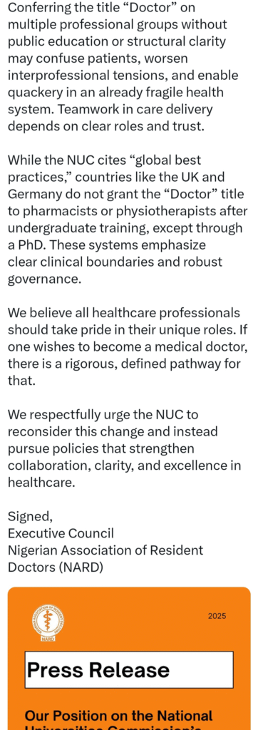 If one wishes to be a medical doctor, there is a rigorous pathway for that - Resident doctors speak against decision by NUC to upgrade degrees of pharmacists and physiotherapists from "Bachelor’s" to "Doctor" 7 If one wishes to be a medical doctor, there is a rigorous pathway for that - Resident doctors speak against decision by NUC to upgrade degrees of pharmacists and physiotherapists from "Bachelor’s" to "Doctor" 7