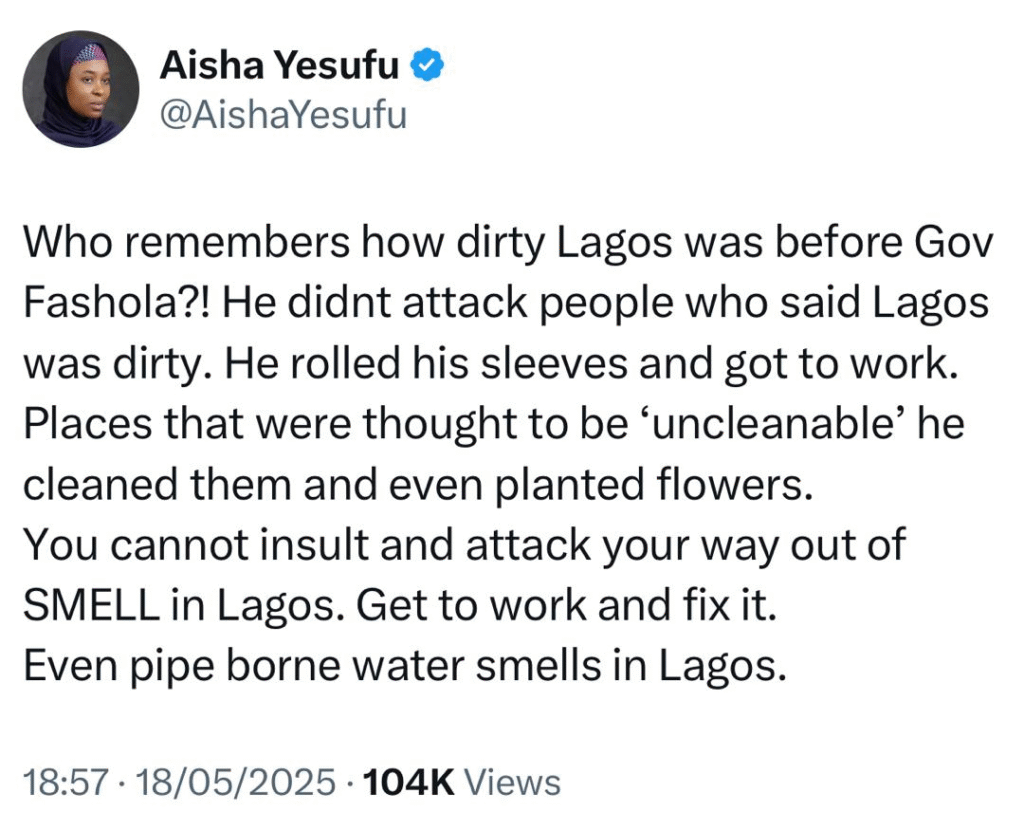 “You cannot insult and attack your way out of SMELL in Lagos. Get to work and fix it” - Activist, Aisha Yesufu slams Lagos Commissioner for Environment, Tokunbo Wahab 4 “You cannot insult and attack your way out of SMELL in Lagos. Get to work and fix it” - Activist, Aisha Yesufu slams Lagos Commissioner for Environment, Tokunbo Wahab 4