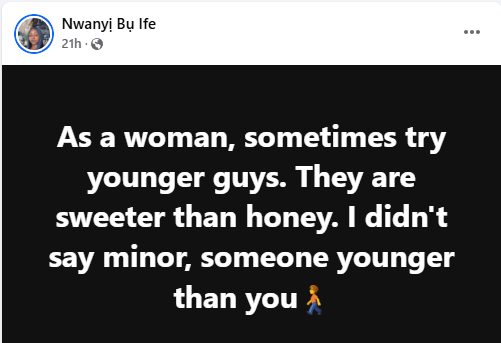 Sometimes try younger guys. They are sweeter than honey - Nigerian lady tells women 3 Sometimes try younger guys. They are sweeter than honey - Nigerian lady tells women 3