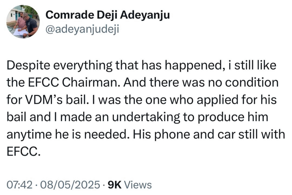 VDM’s phone and car are still with EFCC - Lawyer, Deji Adeyanju says 4 VDM’s phone and car are still with EFCC - Lawyer, Deji Adeyanju says 4