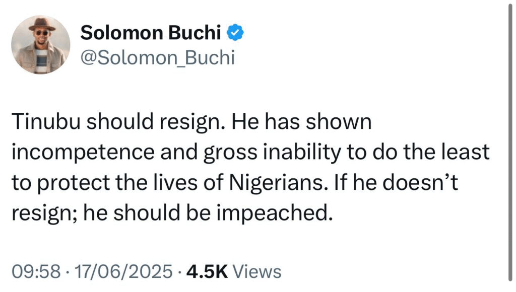 Insecurity: Tinubu should resign. if he doesnt resign, he should be impeached - Solomon Buchi 4 Insecurity: Tinubu should resign. if he doesnt resign, he should be impeached - Solomon Buchi 4
