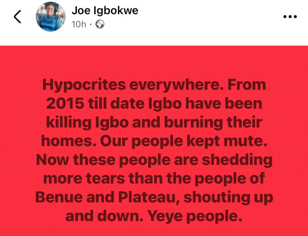 Hypocrites everywhere - APC chieftain, Joe Igbokwe, accuses Igbos of keeping mute on killings in South East while shedding tears for Plateau and Benue victims 4 Hypocrites everywhere - APC chieftain, Joe Igbokwe, accuses Igbos of keeping mute on killings in South East while shedding tears for Plateau and Benue victims 4