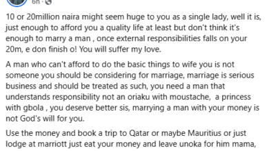 Photo of Marrying a man with your money is not God’s will for you – Nigerian lady advices financially stable women to avoid men who are financially unstable.