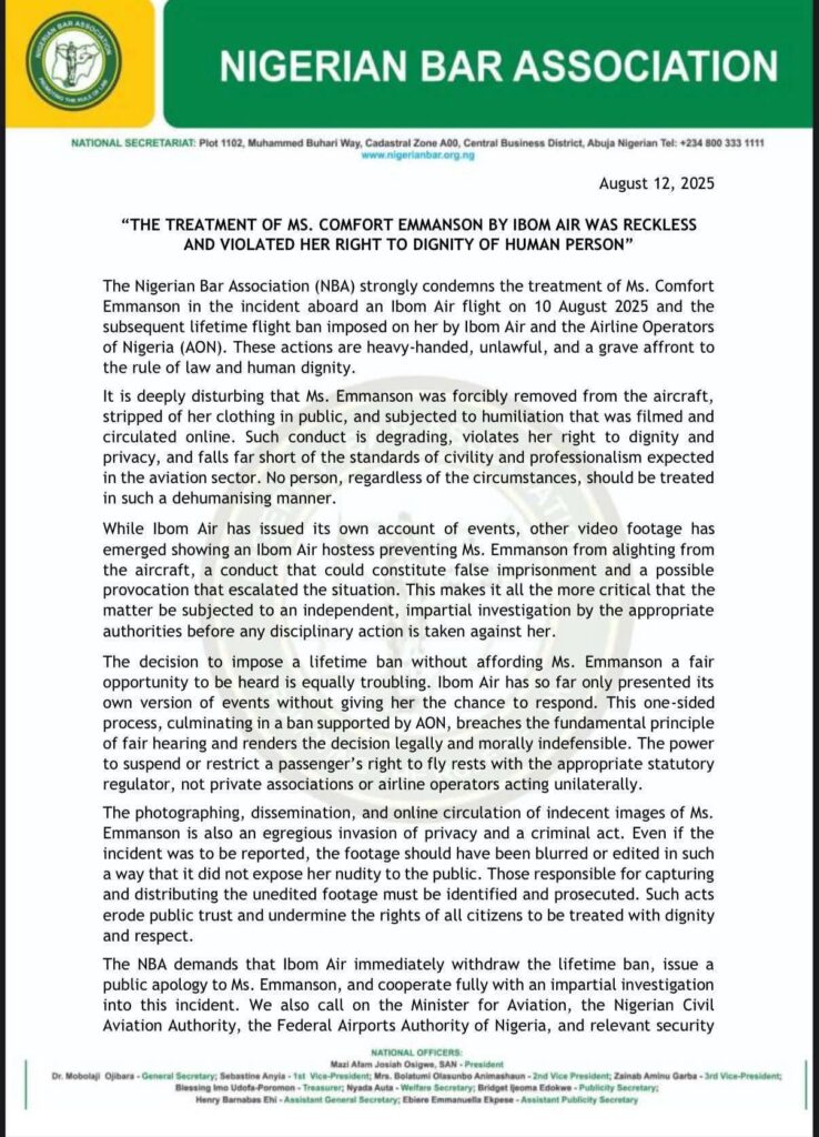 “Treatment of Ms Emmanson by Ibom Air violated her right to dignity of human person” - Nigerian Bar Association 6 “Treatment of Ms Emmanson by Ibom Air violated her right to dignity of human person” - Nigerian Bar Association 6