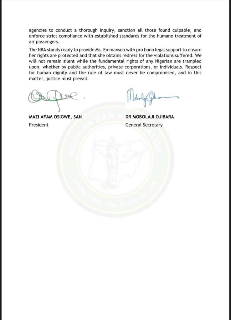 “Treatment of Ms Emmanson by Ibom Air violated her right to dignity of human person” - Nigerian Bar Association 7 “Treatment of Ms Emmanson by Ibom Air violated her right to dignity of human person” - Nigerian Bar Association 7