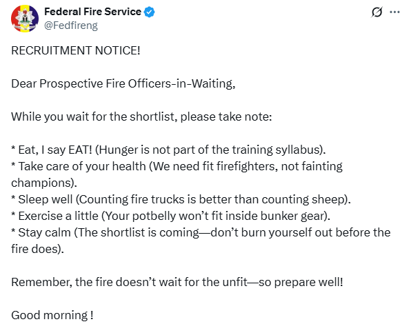 Photo of “Exercise a little, your potbelly won’t fit inside bunker gear – Federal Fire Service advises prospective officers to prioritize fitness and personal health