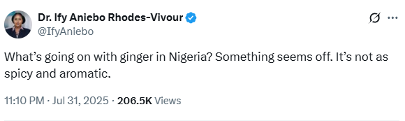 What’s going on with ginger in Nigeria? Something seems off - Gbadebo Rhodes-Vivour's wife, Ify Aniebo writes 4