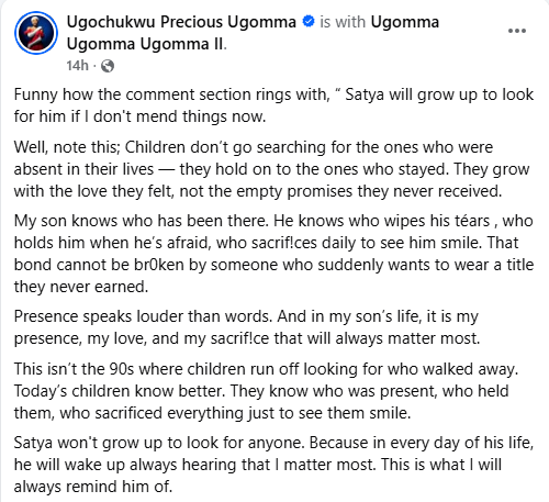 Photo of ”Presence speaks louder than words” – Nigerian woman addresses people saying her son will look for his absent father when he grows up