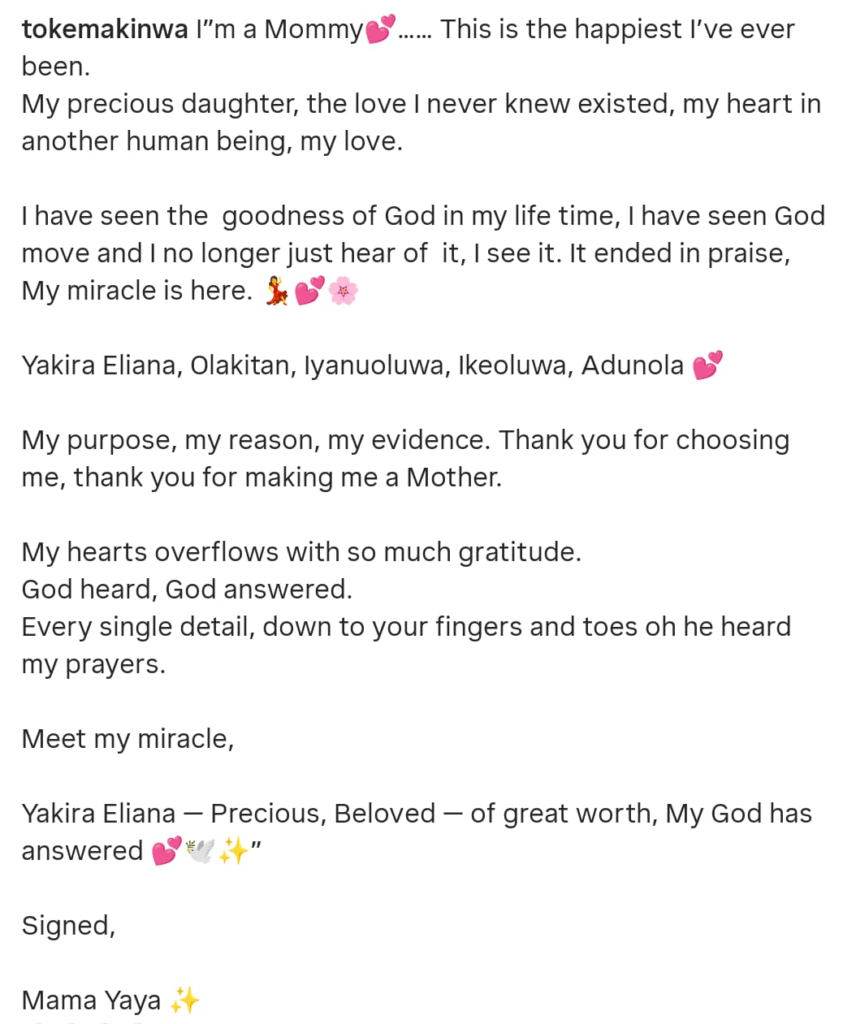 Media personality, Toke Makinwa announces birth of her daughter. 4