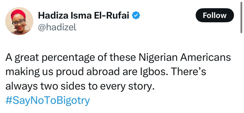 A great percentage of these Nigerian Americans making us proud abroad are Igbos - Hadiza, wife of former gov, Nasir El-Rufai, says 6 A great percentage of these Nigerian Americans making us proud abroad are Igbos - Hadiza, wife of former gov, Nasir El-Rufai, says 6