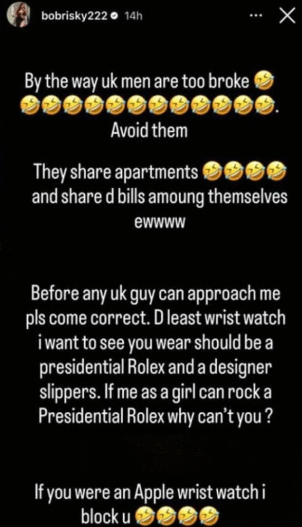 UK men are too broke. Avoid them! They share apartments and share the bills among themselves- Bobrisky 4 UK men are too broke. Avoid them! They share apartments and share the bills among themselves- Bobrisky 4