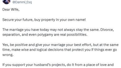 Photo of ”Contributing to building a house with a man won’t stop him from taking another wife, cheating, or even walking away if the marriage falls apart” – Nigerian Lawyer tells women