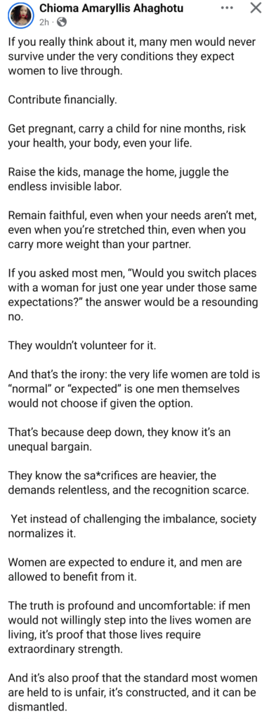 "Many men will never survive under the condition they expect women to live through" Media personality, Chioma Ahaghotu writes 4