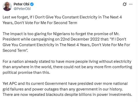 National Grid collapse: Peter Obi reminds President Tinubu of his promise to not seek a second term if he fails to solve power issues in his first term 4