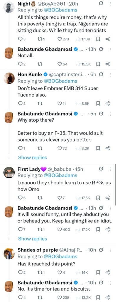 Arm yourselves. Buy crossbows, Ak-47rifles, RPG launchers -Former Lagos State Governorship candidate Babatunde Gbadamosi urges Nigerians to arms themselves against "Fulani Muslim Jihadist Terrorists" 7 Arm yourselves. Buy crossbows, Ak-47rifles, RPG launchers -Former Lagos State Governorship candidate Babatunde Gbadamosi urges Nigerians to arms themselves against "Fulani Muslim Jihadist Terrorists" 7