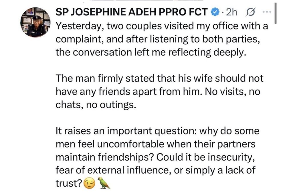 Why do some men feel uncomfortable when their partners maintain friendships? - FCT police spokesperson, SP Josephine Adeh asks 4