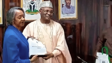 Photo of Yakubu hands over to Agbamuche as INEC Acting Chair