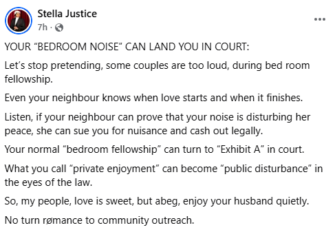 Photo of Your Bedroom noise can land you in court -Nigerian lawyer cautions couples
