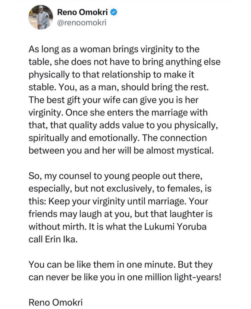 The best gift your wife can give you is her virginity, she doesnt have to bring anything else physically to the relationship - Reno Omokri 4 The best gift your wife can give you is her virginity, she doesnt have to bring anything else physically to the relationship - Reno Omokri 4