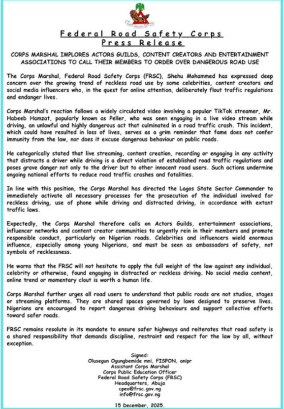 FRSC Vows to Prosecute TikTok Star Peller Over Reckless Driving 4